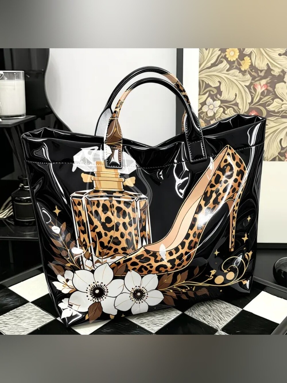 Women Flower Leopard Heel Perfume Large PVC Tote Bag